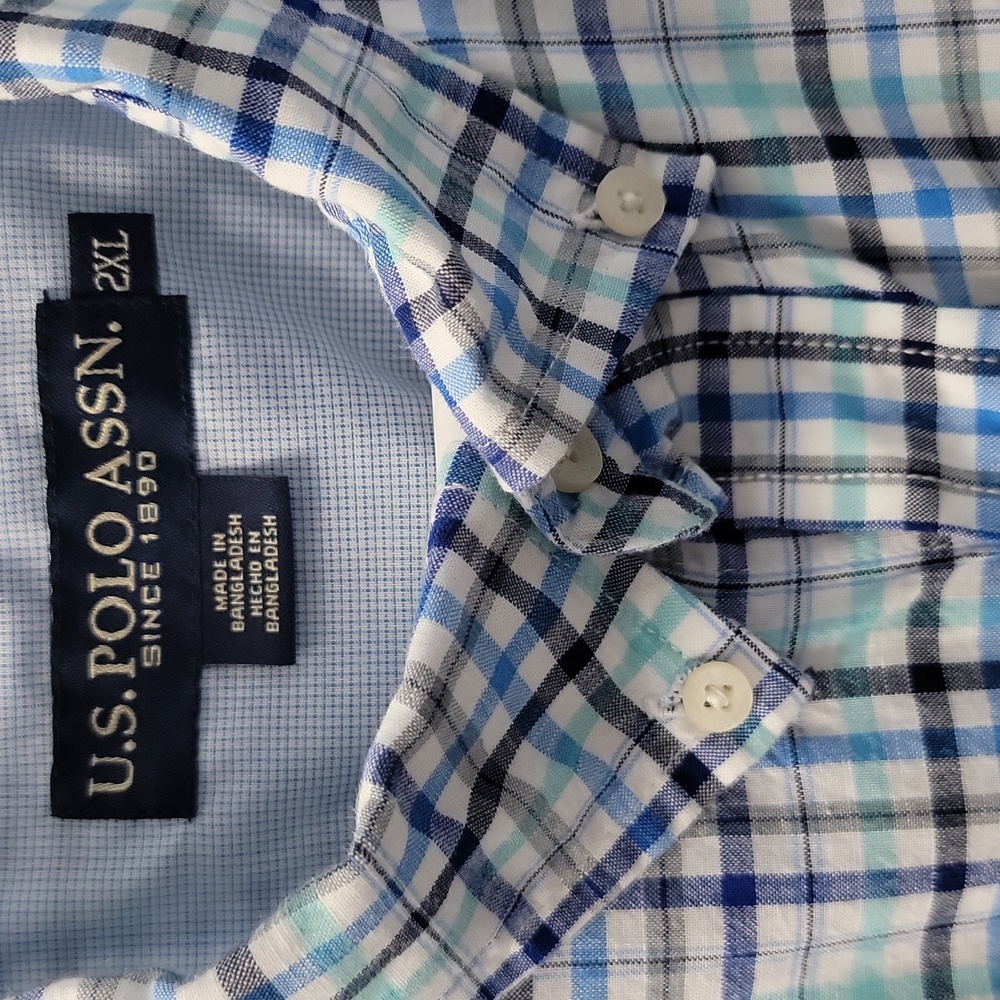 U.S. Polo Assn Men’s Plaid Button‑Down Shirt Blue White Gray Short Sleeve Sze 2X - Picture 4 of 10